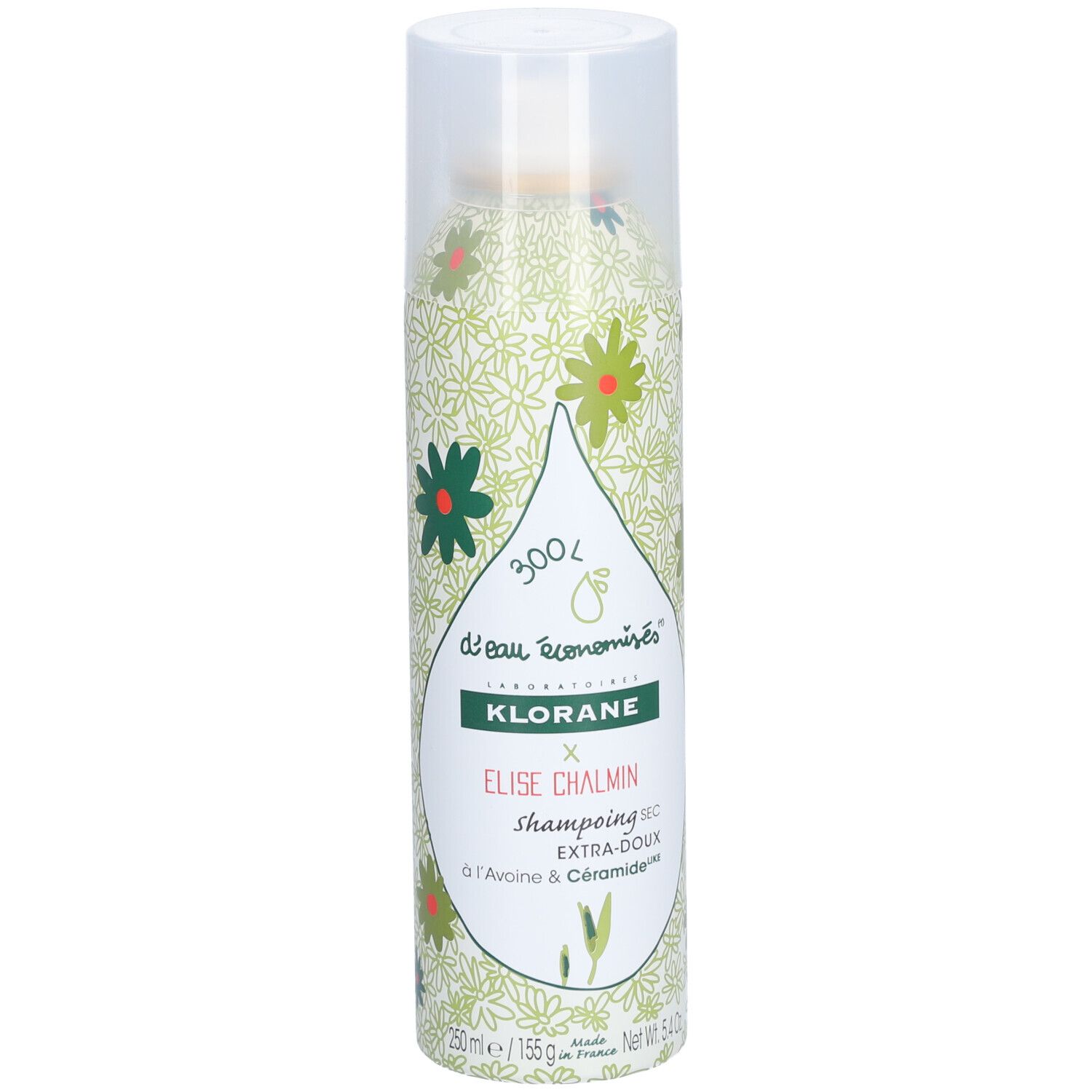 Spray de shampooing sec avec motif floral. Bouchon et tête de pulvérisation transparents. Inscription : KLORANE, Elise Chalmin, Extra-doux.