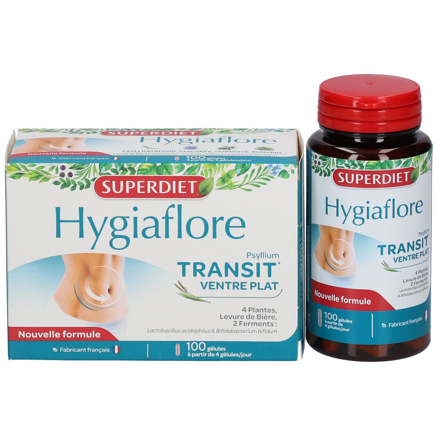 Superdiet -- Hygiaflore ventre plat (psyllium, levure de bière et ferments lactiques) - 100 gélules main image 1