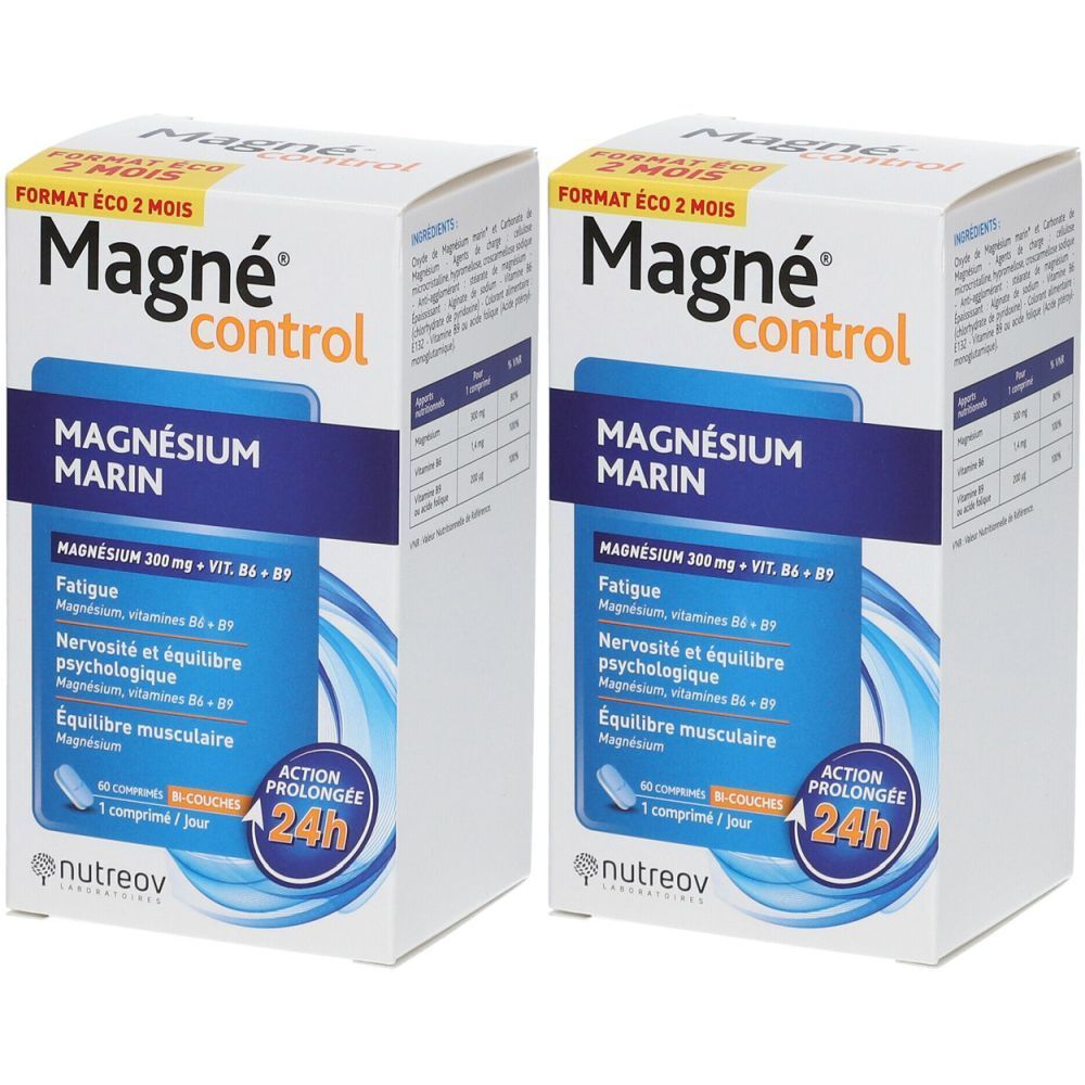 Zwei weiße Kartons mit blauer und gelber Beschriftung. Aufschrift: Magné Control, Magnesium Marin, 24h Wirkung. Marke: Nutreov.