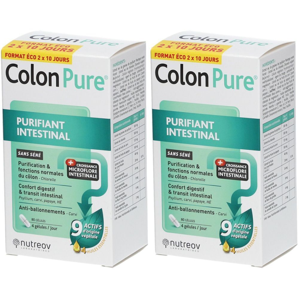 Zwei weiße Kartons mit der Aufschrift Colon Pure. Aufschrift: Purifiant intestinal. Enthält 9 pflanzliche Wirkstoffe.