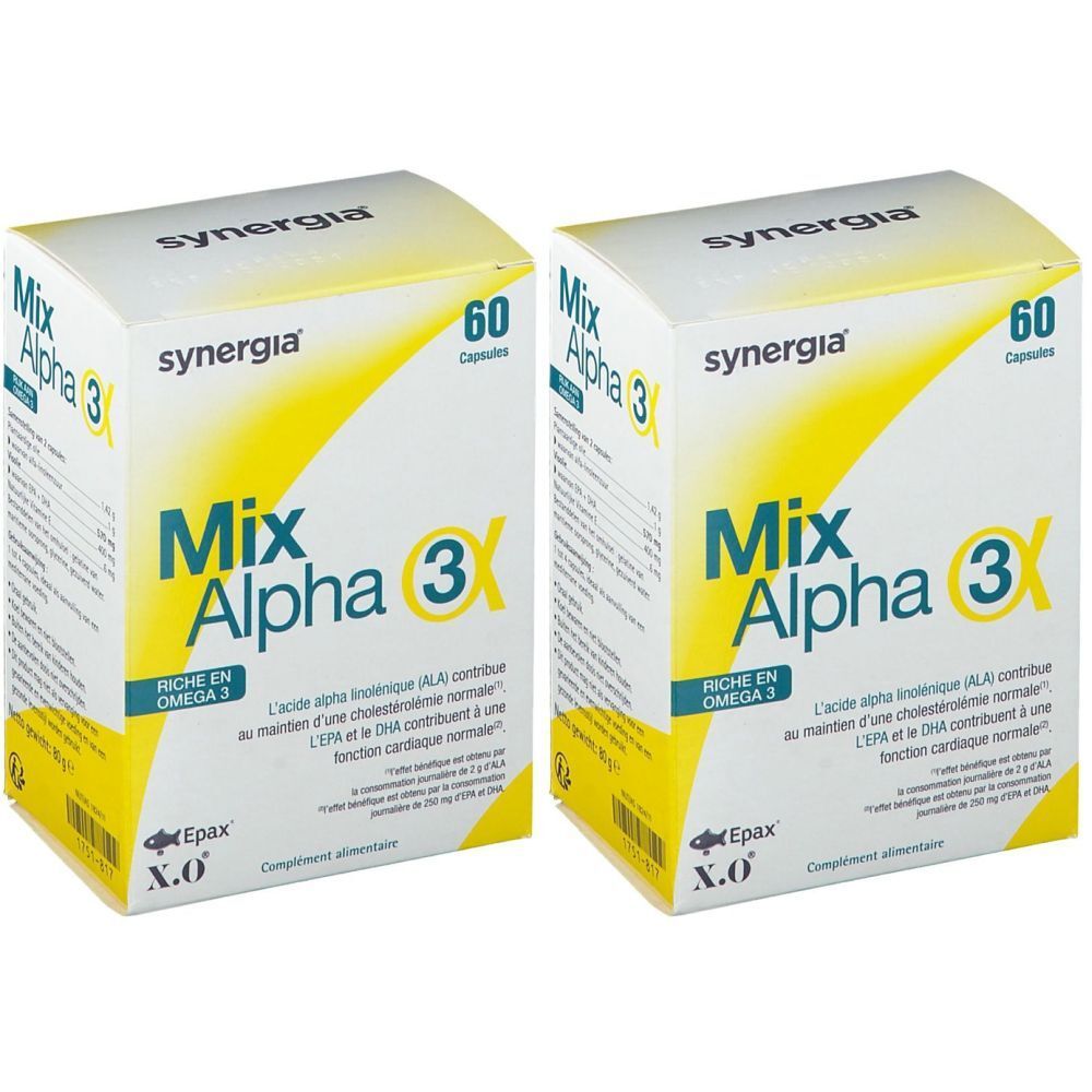 Zwei Schachteln Synergia Mix Alpha 3. Weiße Verpackung mit gelben Akzenten. Aufschrift: Mix Alpha 3, 60 Kapseln.
