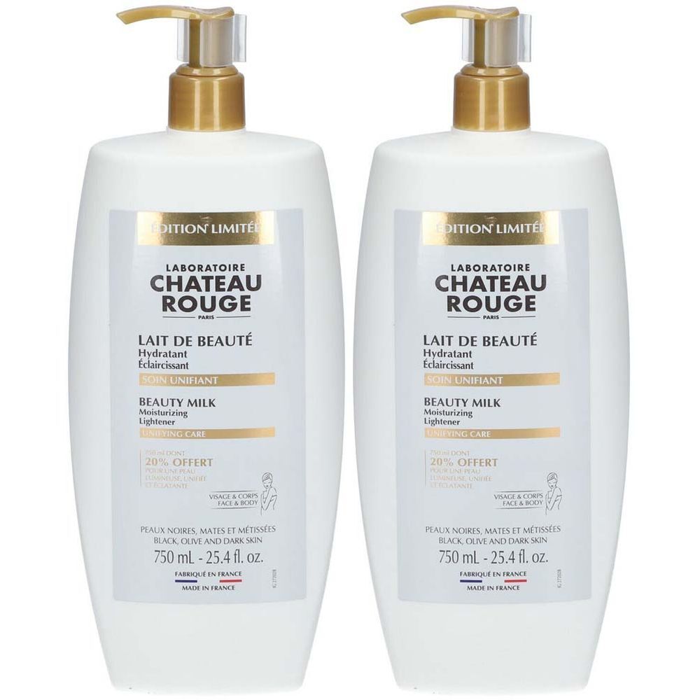 Zwei weiße Flaschen mit goldenen Pumpaufsätzen. Aufschrift: CHÂTEAU ROUGE, Lait de Beauté, Beauty Milk. Für dunkle Haut.