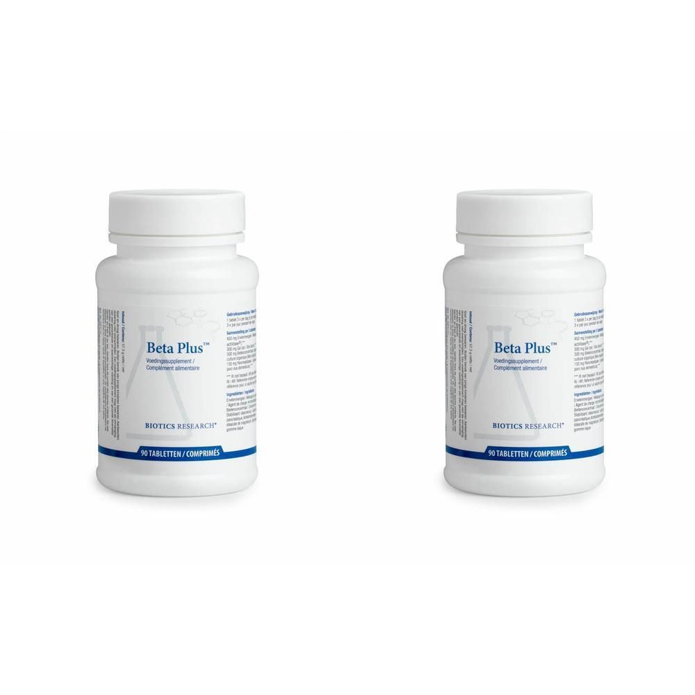 Deux bouteilles blanches de Biotika Beta Plus, supplément alimentaire, chacune contient 90 comprimés.