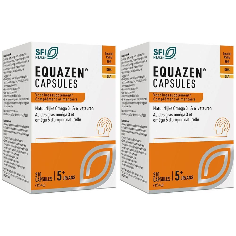 Deux boîtes blanches d'Equazen® capsules Oméga 3-6. L'étiquette indique 210 capsules.