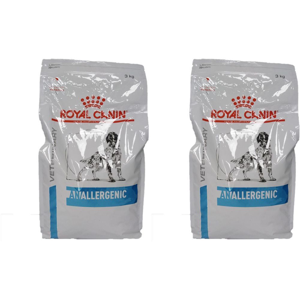 Zwei Säcke ROYAL CANIN® Anallergenic Hundefutter. Weißer Beutel mit Logo, Produktname und Abbildung eines Hundes. 3 kg.