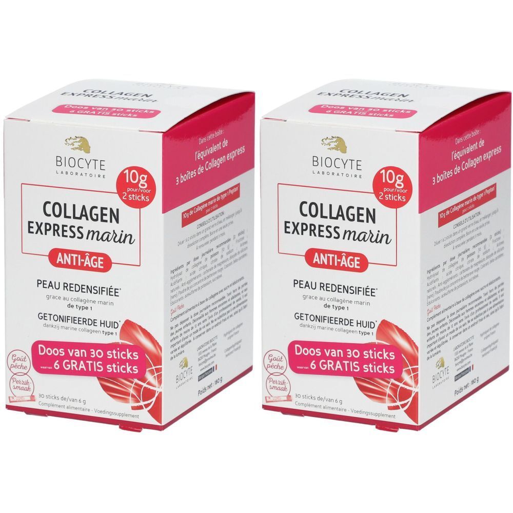 Zwei Kartons mit der Aufschrift "COLLAGEN EXPRESS marin ANTI-AGE". Aufschrift: "10g 2 sticks". Rosa und weiße Verpackung.