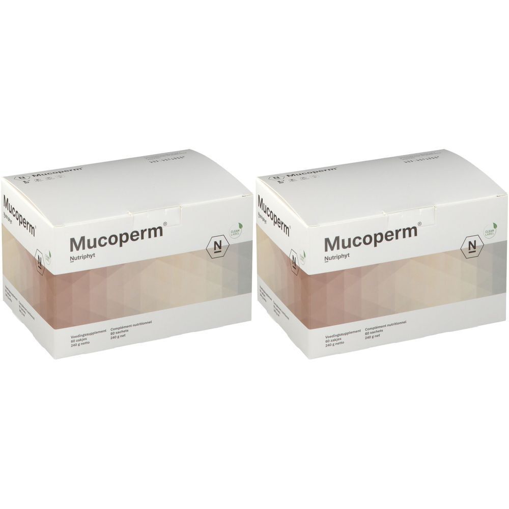 Deux boîtes blanches avec le mot "Mucoperm". Les boîtes ont une façade transparente révélant le contenu.