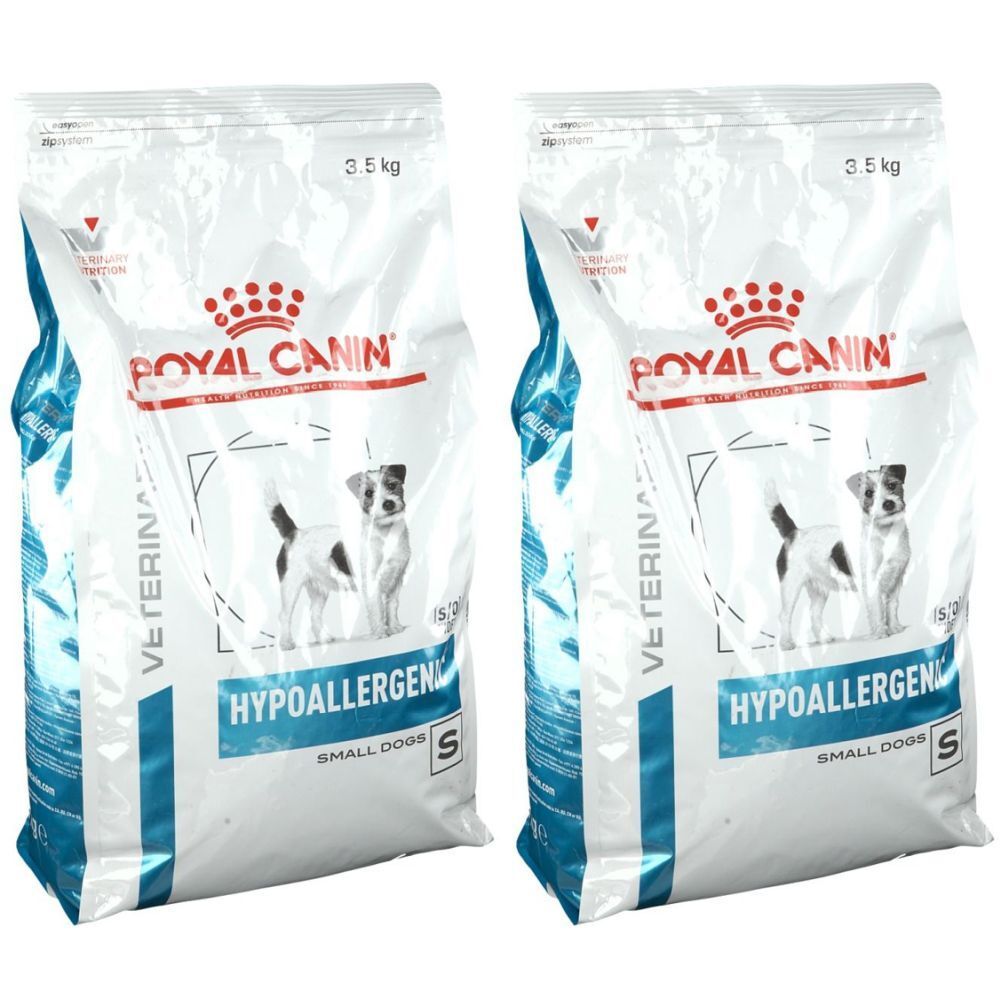 Zwei Beutel ROYAL CANIN HYPOALLERGENIC Trockenfutter für Hunde. Aufschrift: 3,5 kg, S für kleine Hunde.