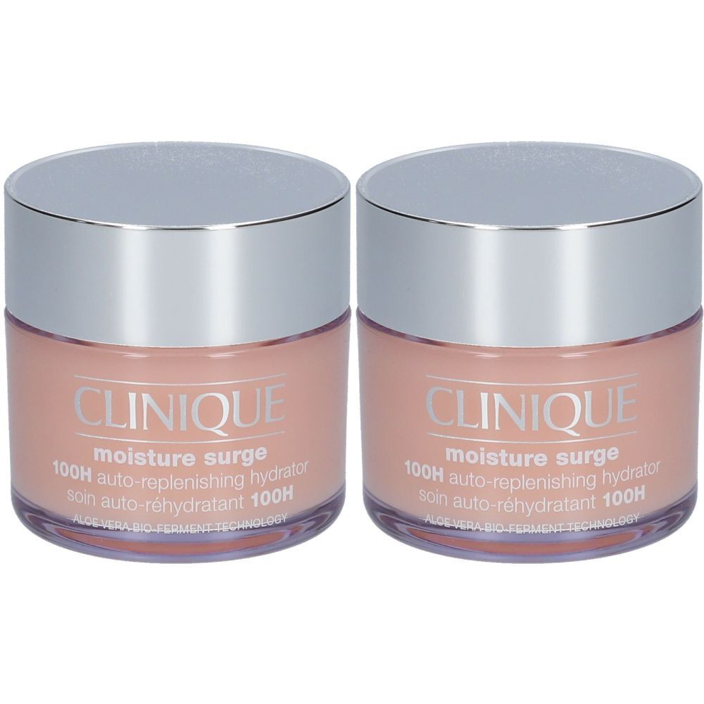 Zwei Tiegel CLINIQUE Moisture Surge. Rosa Creme in Glasbehältern mit silbernen Deckeln. Schriftzug auf der Vorderseite.