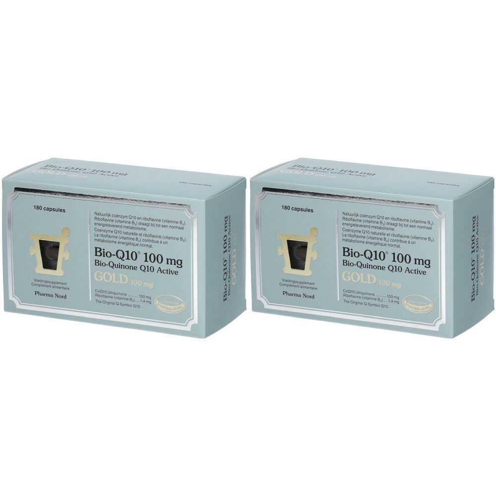 Zwei Schachteln Pharma Nord Bio-Q10 Gold. Aufschrift: Bio-Q10 100 mg, Bio-Quinone Q10 Active, GOLD.