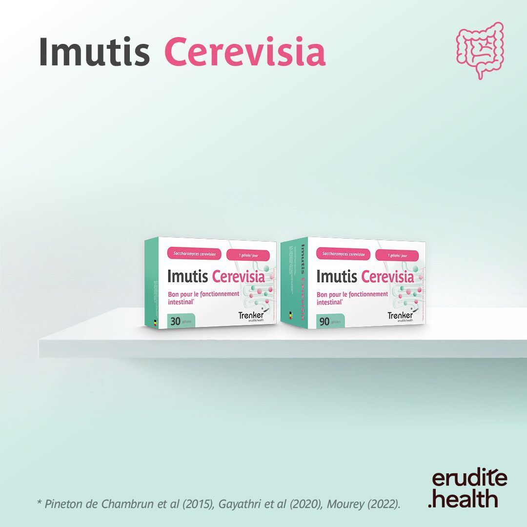 Zwei Packungen Imutis Cerevisia auf einem Regal, eine mit 30 und eine mit 90 Kapseln.