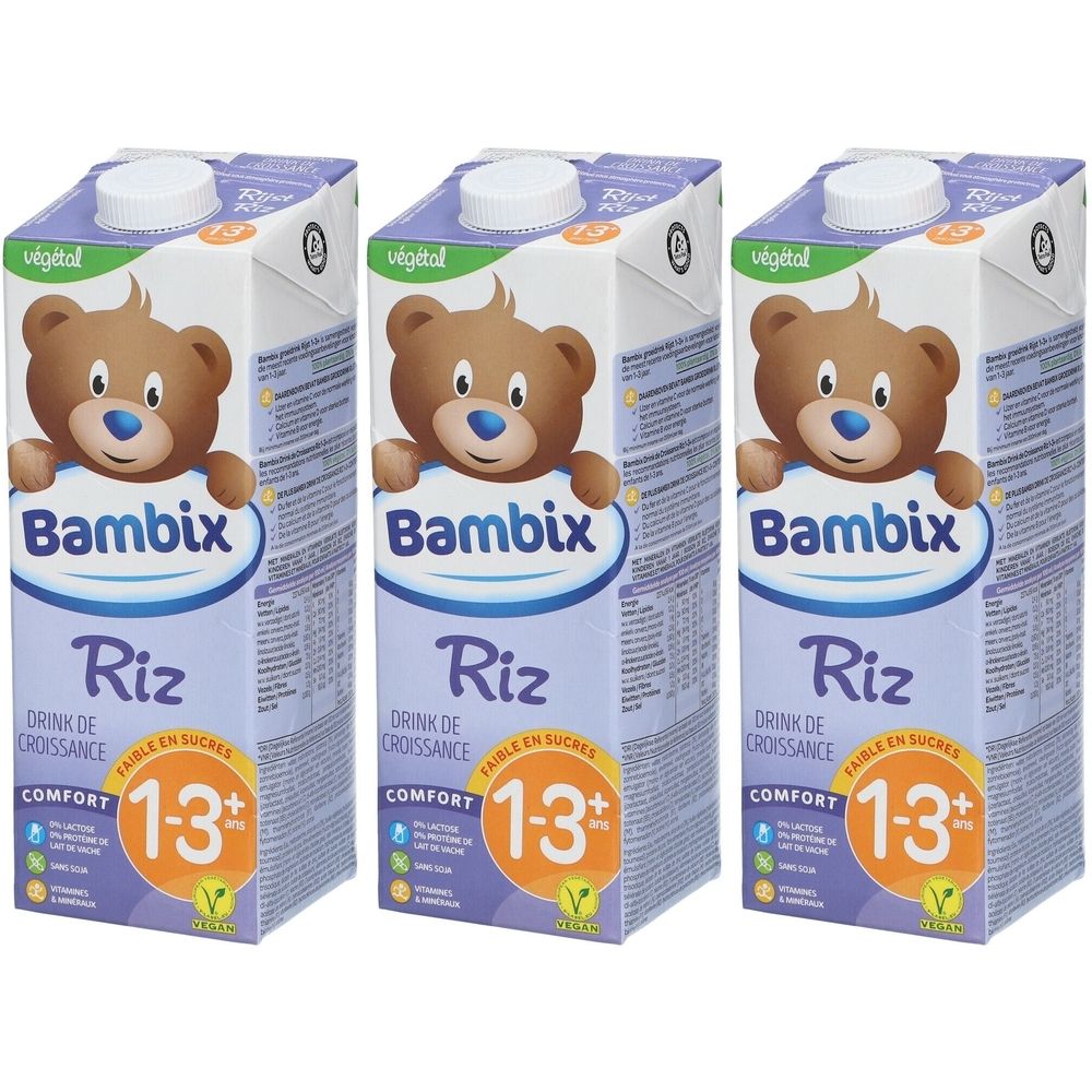 Trois emballages de Bambix Riz. Chaque emballage présente un ours en peluche. Texte: Riz, 1-3+ ans. Faible en sucres.