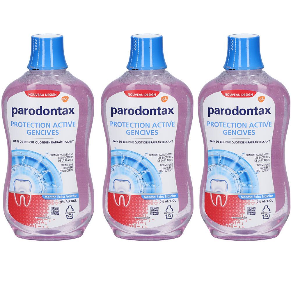 Trois flacons de bain de bouche. Liquide rose dans des flacons transparents avec bouchon bleu. Inscription : Parodontax, Protection Active Gencives.