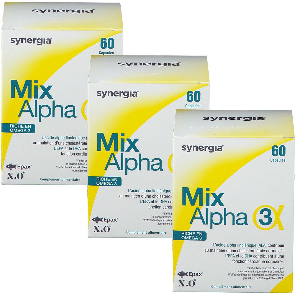 Drei Schachteln Synergia Mix Alpha 3. Jede Schachtel enthält 60 Kapseln. Aufschrift: Reich an Omega 3.
