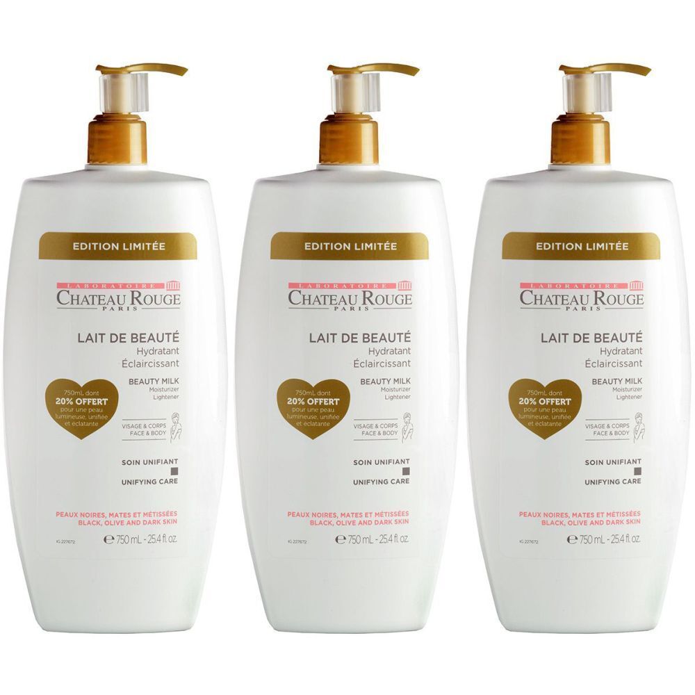 Drei weiße Flaschen mit goldenen Pumpaufsätzen. Auf jeder Flasche steht "Château Rouge Lait de Beauté".