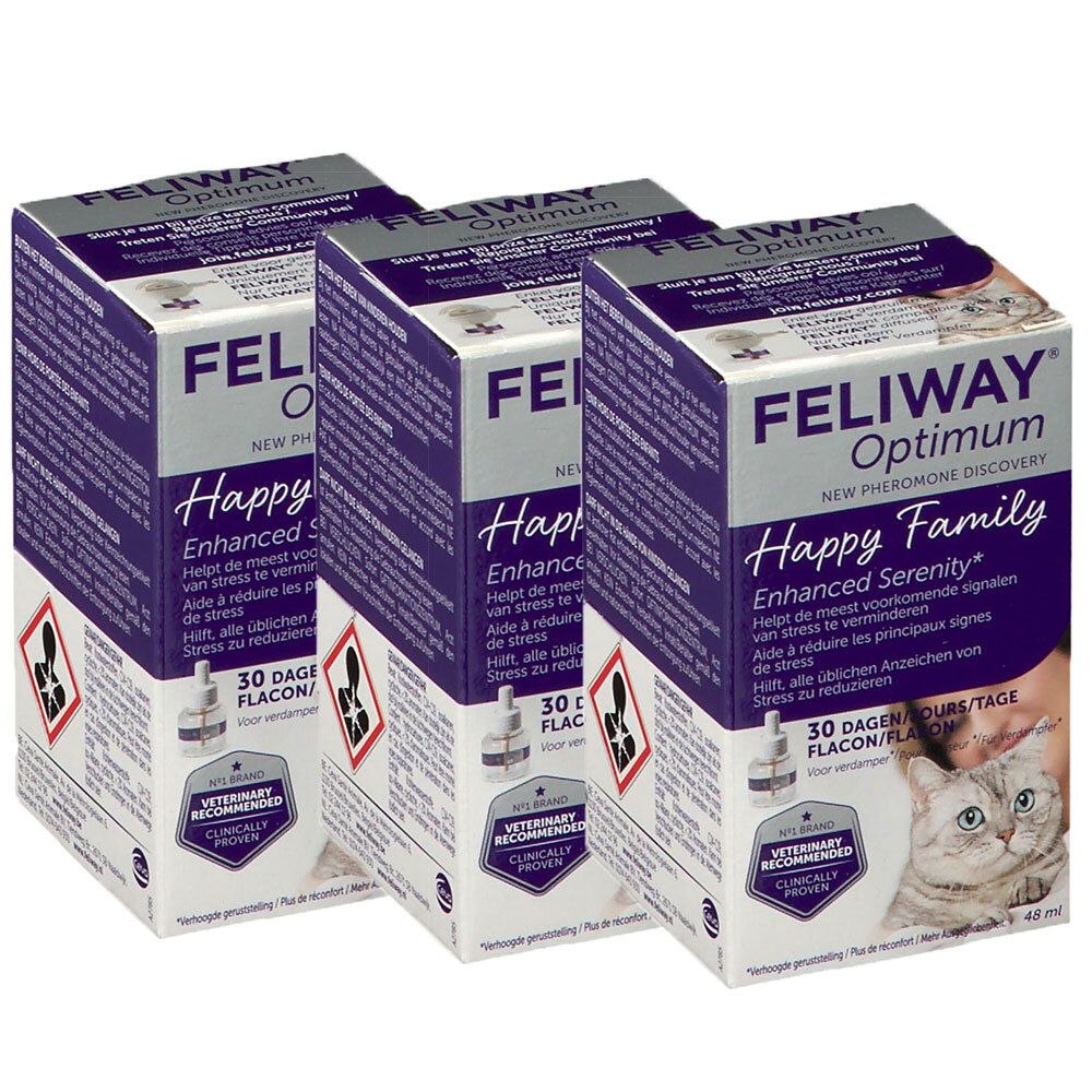 Drei lila Kartons mit FELIWAY Optimum Happy Family. Text: Enhanced Serenity, 30 Tage, Veterinary Recommended.