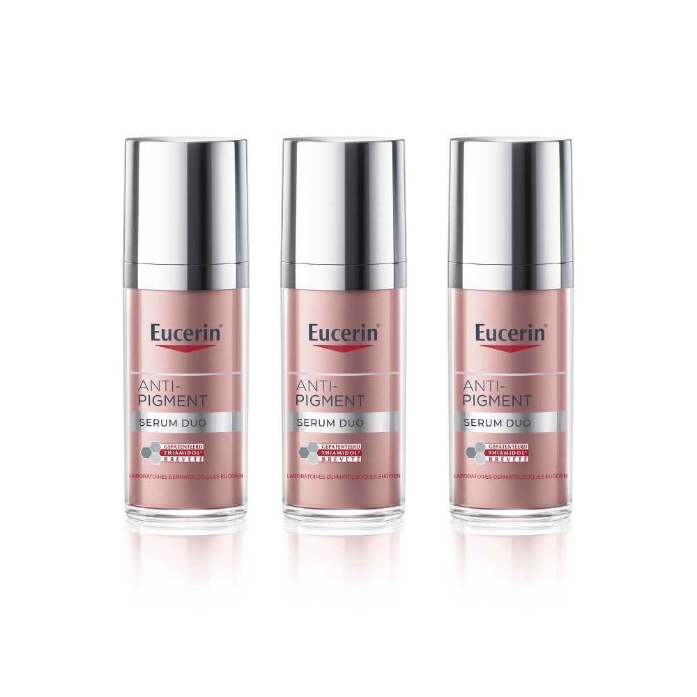 Trois flacons Eucerin® ANTI-PIGMENT Sérum DUO. Flacons roses et blancs avec bouchons argentés. Noms de produits et logos visibles.