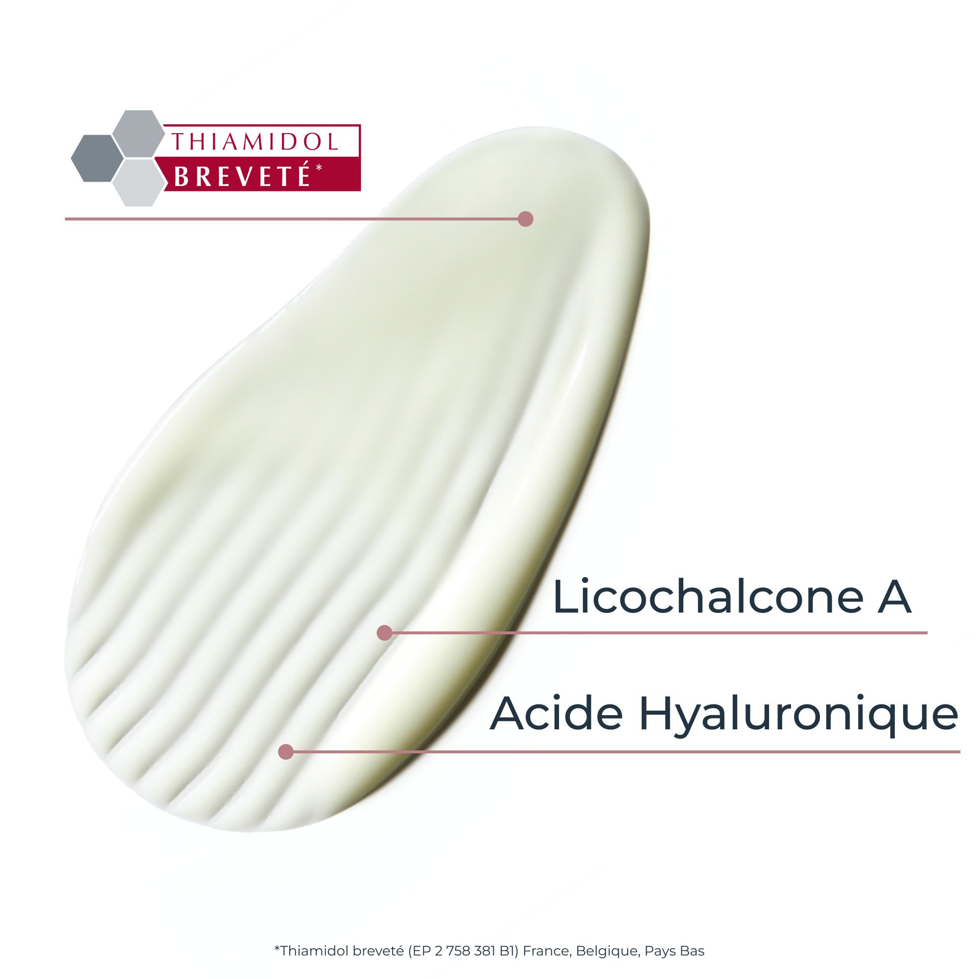 Texture du sérum avec texte: Licocalcone A, Acide Hyaluronique. Thiamidol Breveté.