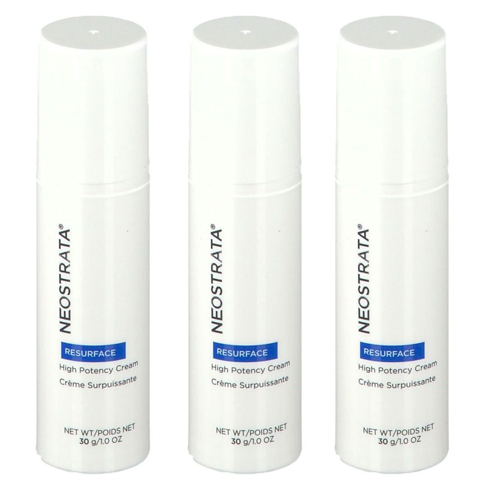 Trois flacons blancs avec bouchons. Chaque flacon porte "NEOSTRATA" et "RESURFACE High Potency Cream". En bas, "NET WT/POIDS NET 30 g/1.0 OZ".