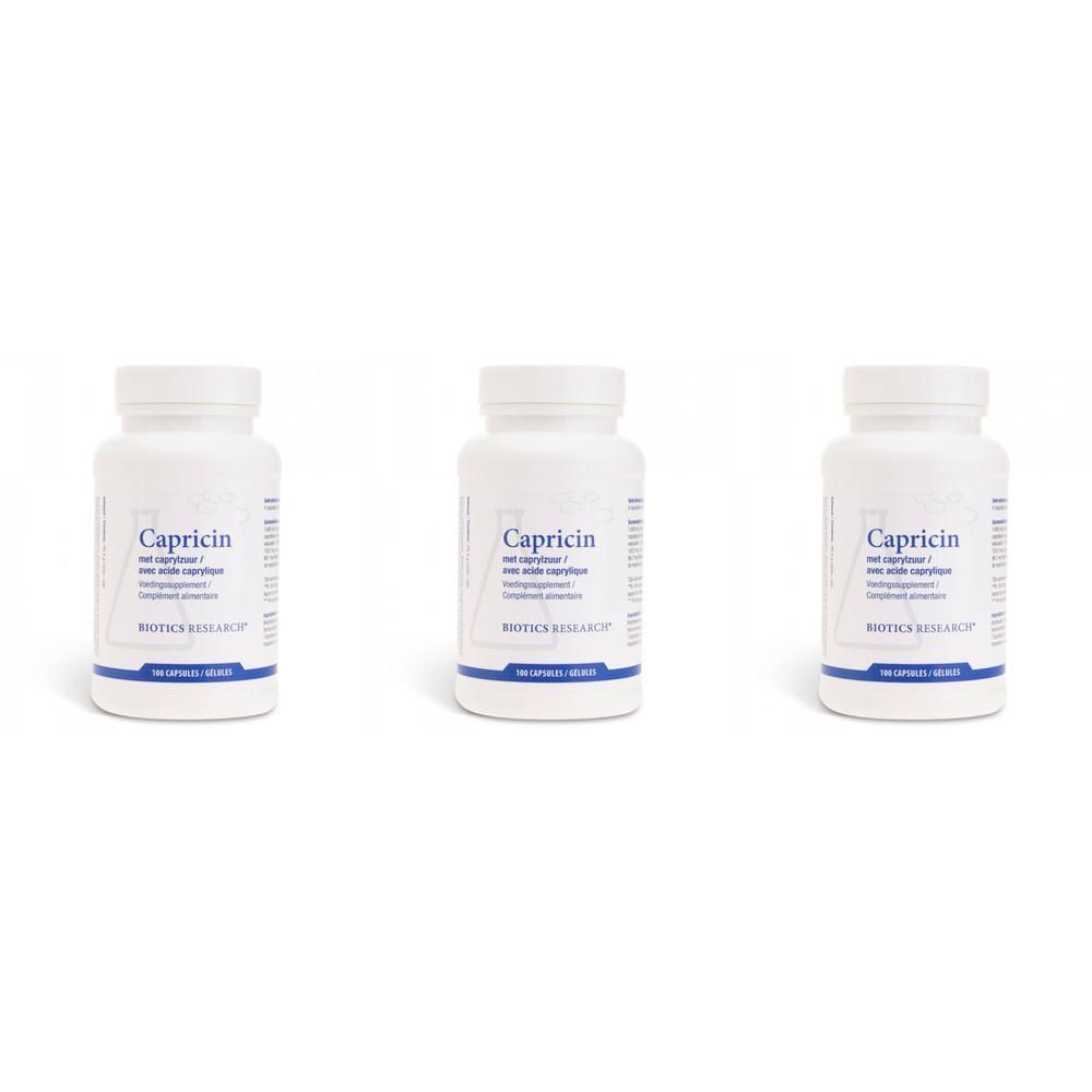 Trois flacons de Biotika Capricin, chacun contenant 100 gélules.