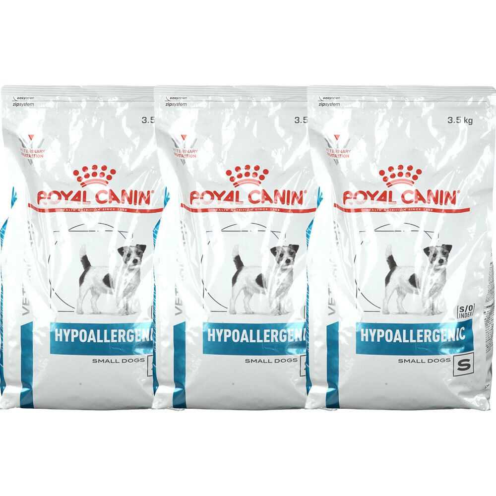 Drei Säcke ROYAL CANIN® HYPOALLERGENIC Hundefutter. Aufdruck: Logo, Hund, „HYPOALLERGENIC SMALL DOGS“. Gewicht: 3,5 kg.