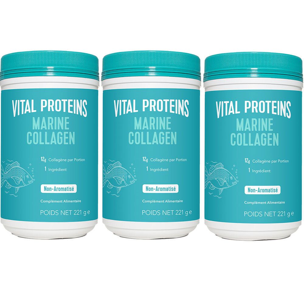 Drei Dosen VITAL PROTEINS Marine Collagen. Weiße Dosen mit blauem Deckel und Schriftzug. Fisch-Illustration.