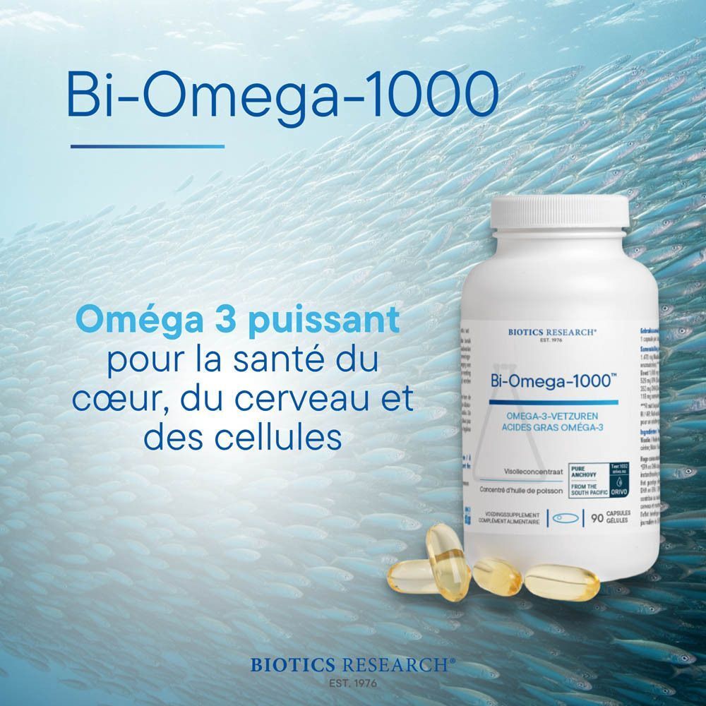 Bouteille Biotics Research Bi-Omega-1000 de 90 gélules, entourée d'un banc de poissons.