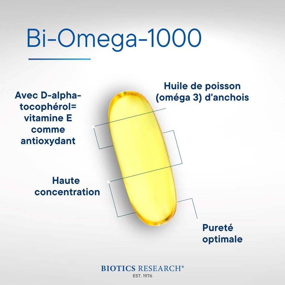 Une seule gélule Bi-Omega-1000 avec des marqueurs pour l'huile, la concentration et la pureté.