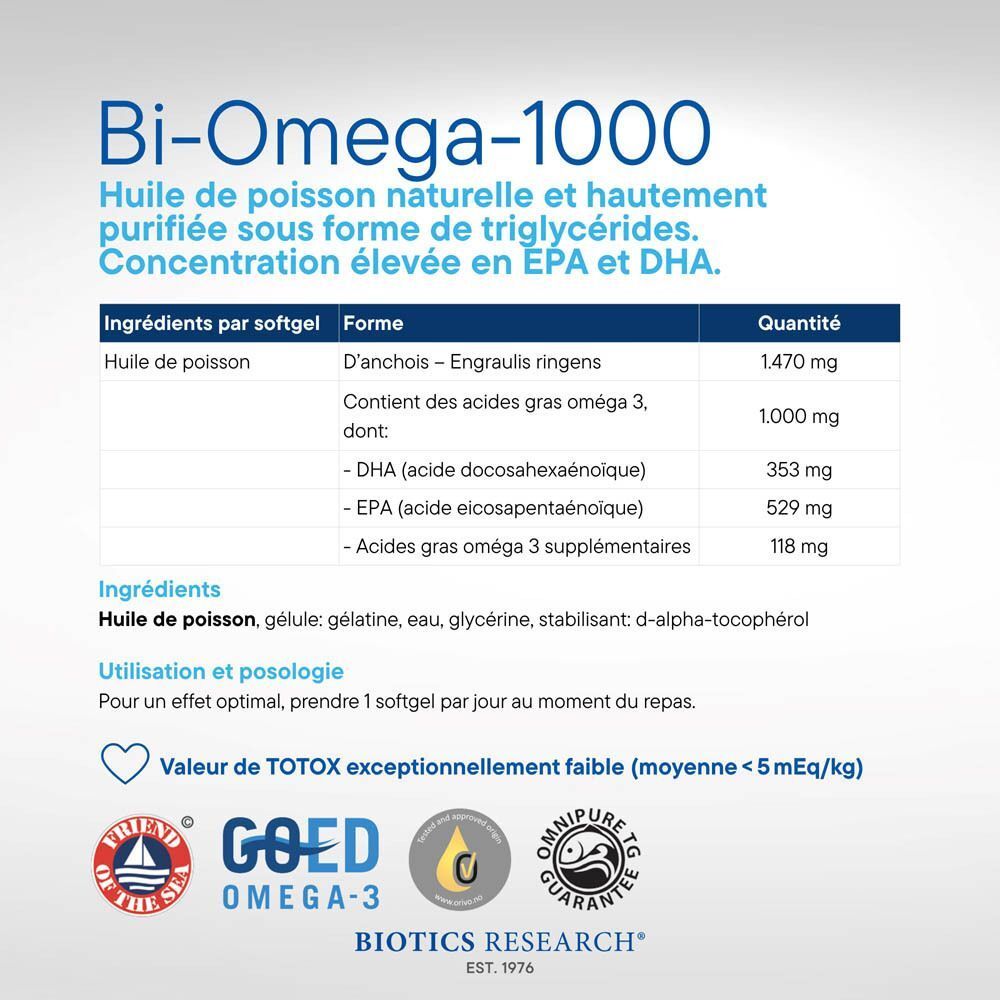 Bouteille Biotics Research Bi-Omega-1000 de 90 gélules avec liste d'ingrédients détaillée.