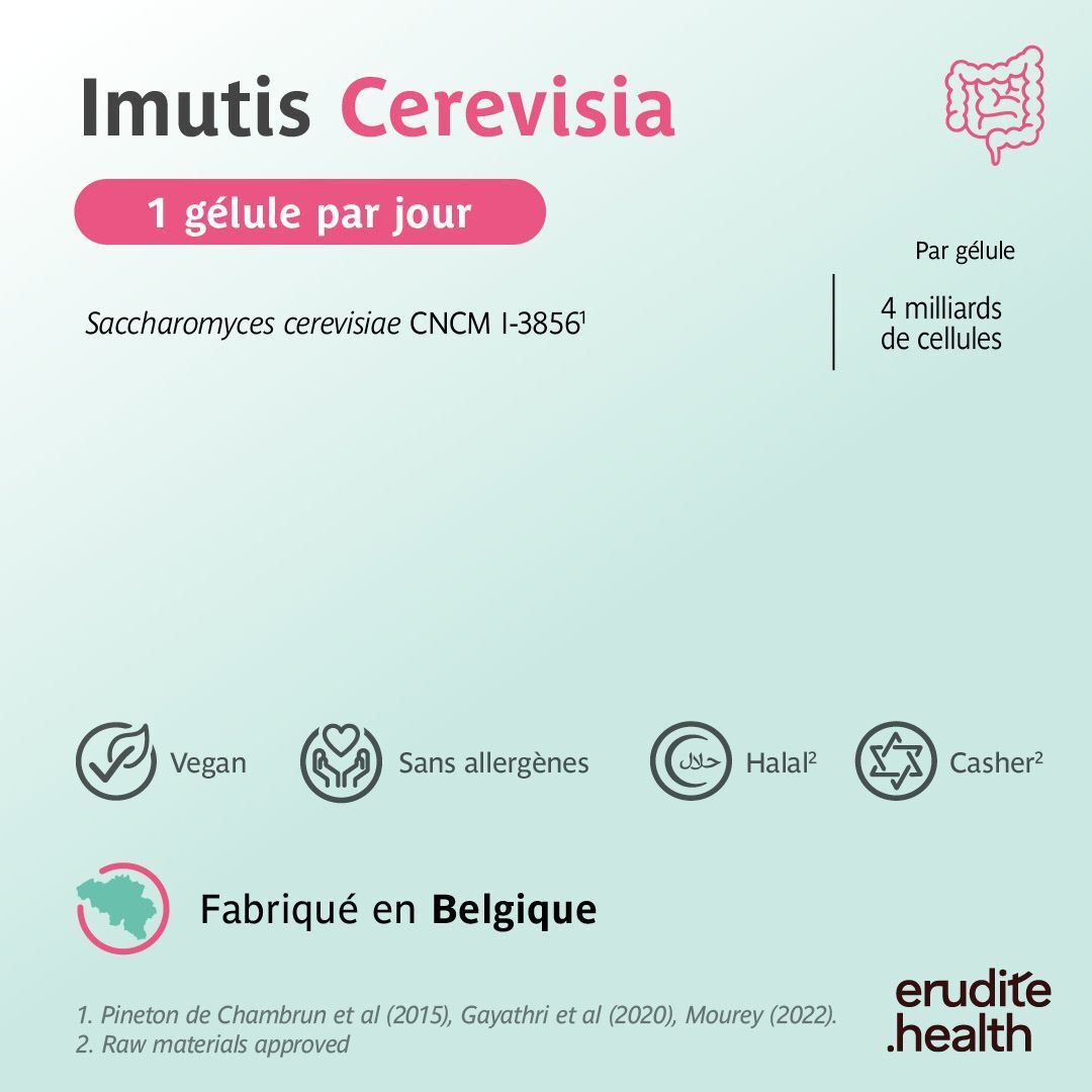 Packung "Imutis Cerevisiae" mit Informationen zu Inhaltsstoffen und Zertifizierungen.