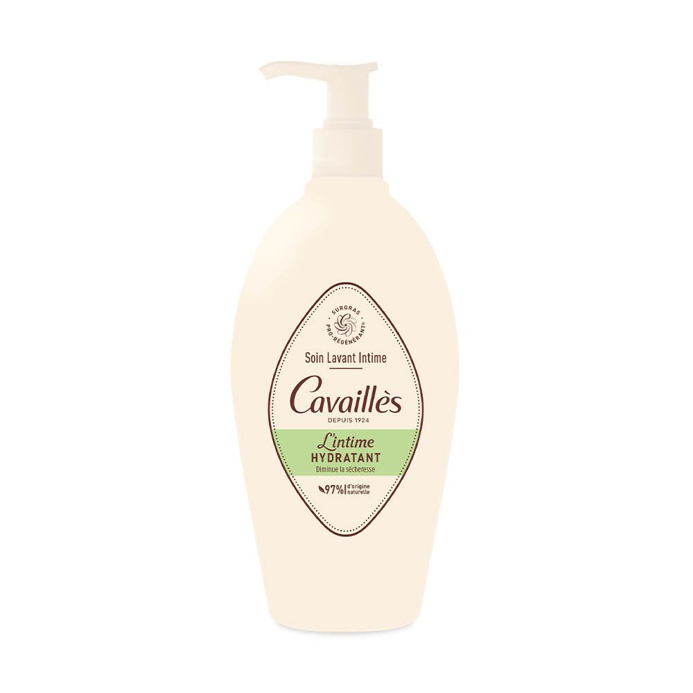 Flacon blanc avec pompe. Inscription: Cavaillès, L'intime HYDRATANT. Étiquette verte et blanche.
