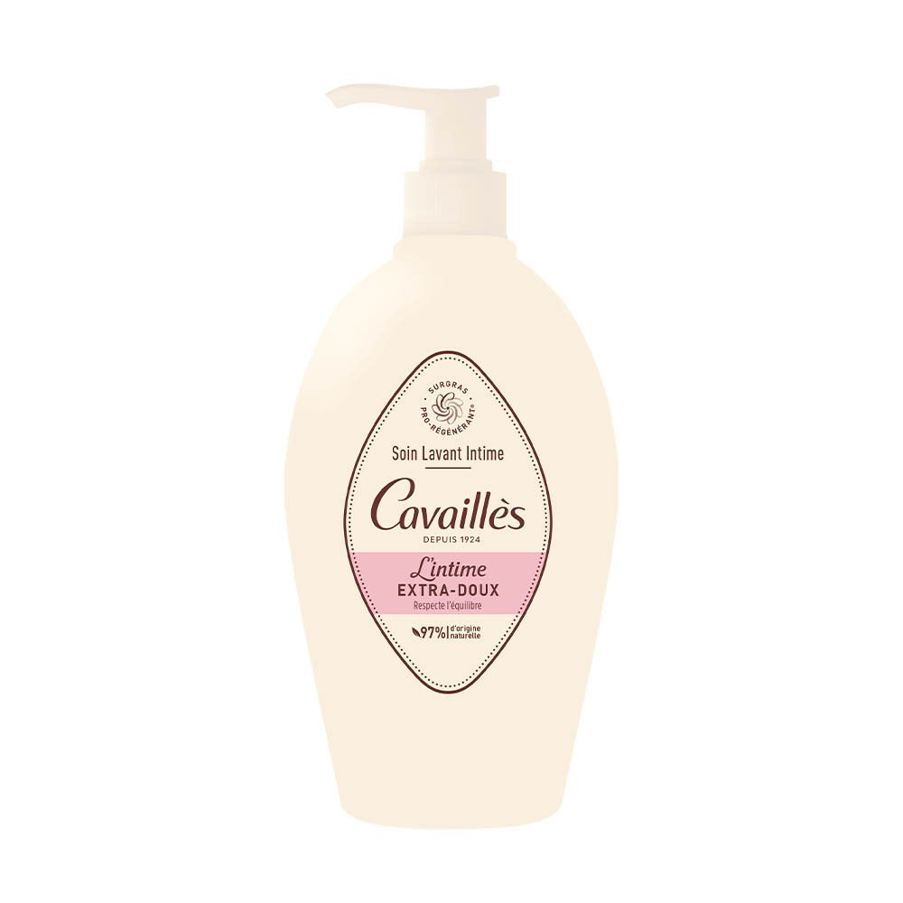 Flacon beige avec pompe. Inscription: Cavaillès, L'Intime Extra-Doux. 97% ingrédients d'origine naturelle.