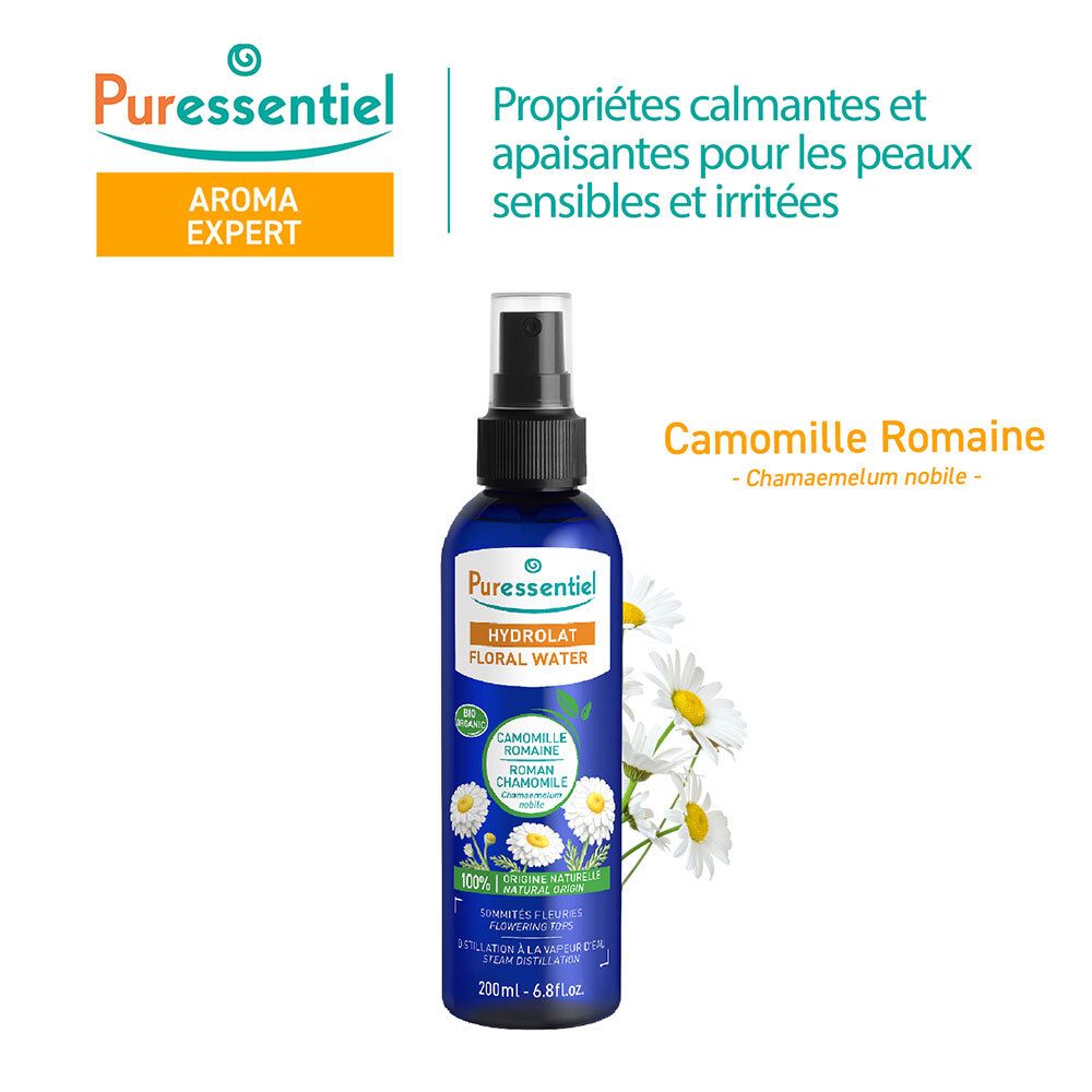 Puressentiel Hydrolat de Camomille Romaine BIO, flacon spray 200ml avec fleurs de camomille.