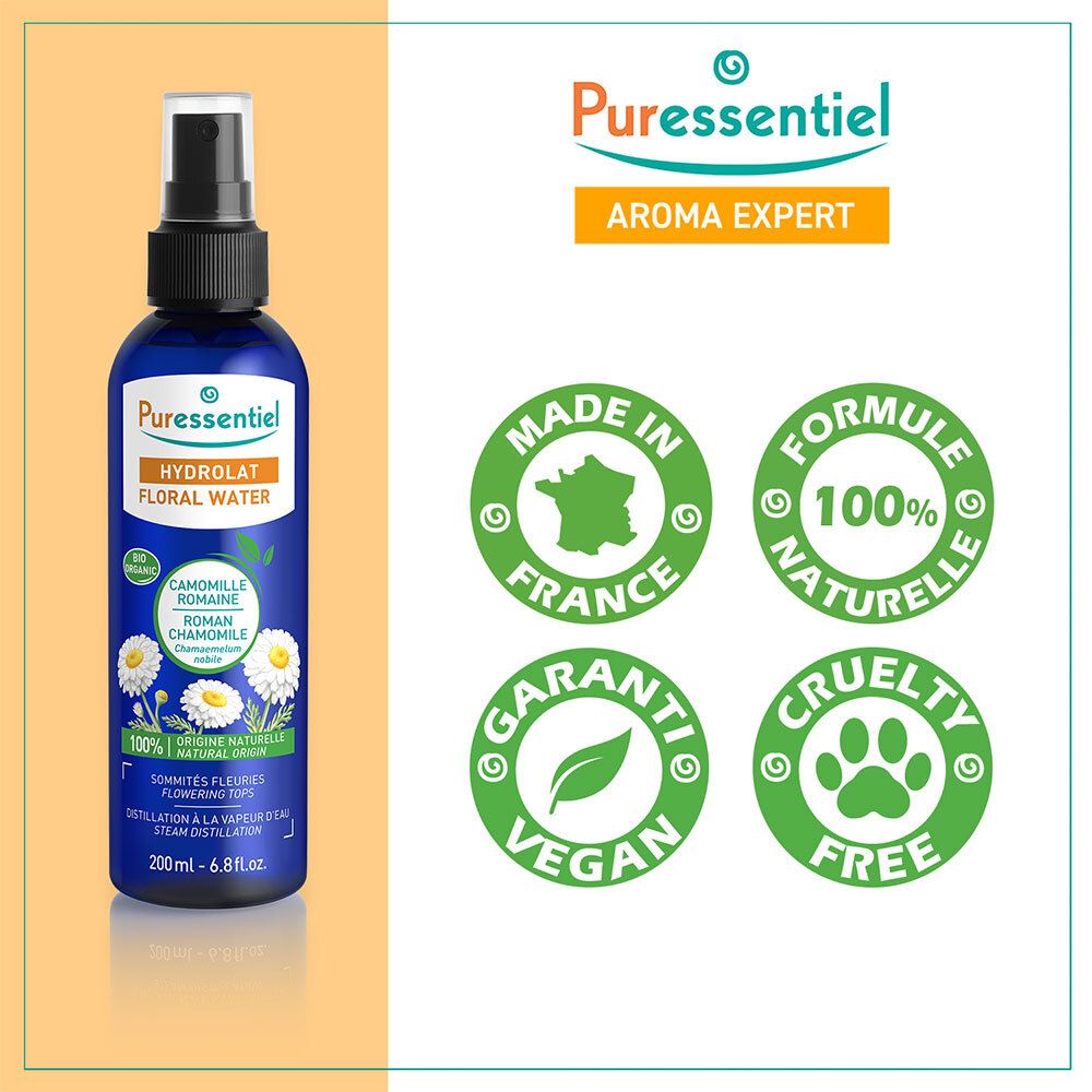 Puressentiel Hydrolat de Camomille Romaine BIO, flacon spray avec sceaux: Made in France, 100% Naturelle, Vegan, Cruelty Free.