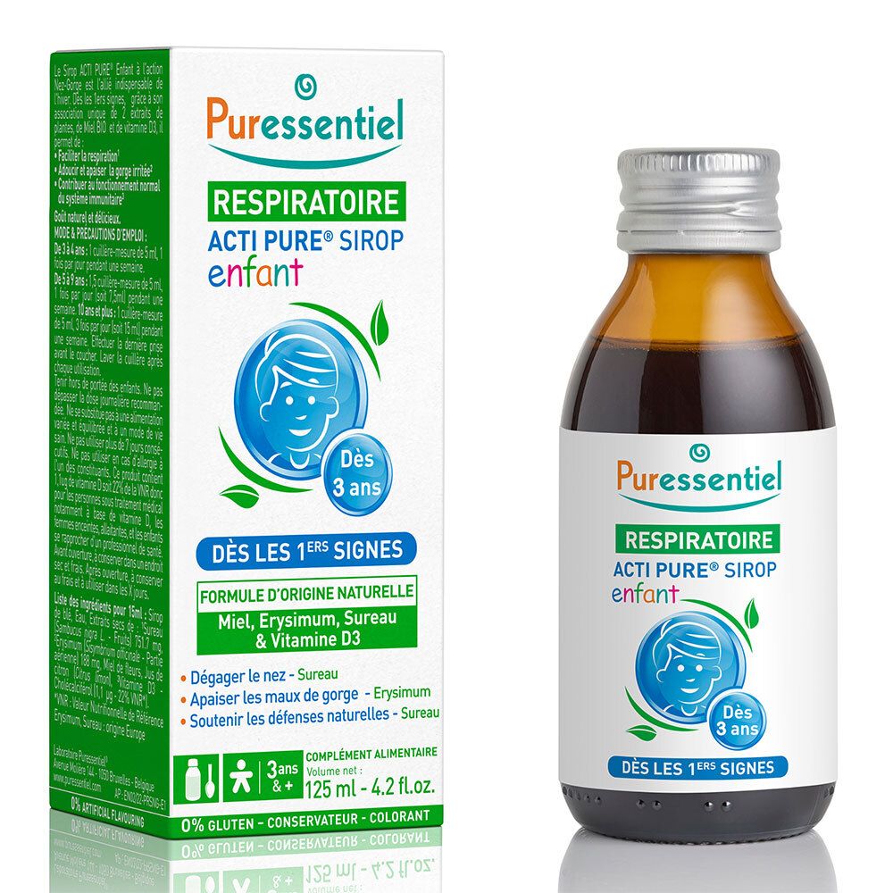 Braune Flüssigkeit in einer Flasche und Schachtel. Aufschrift: Puresentiel Respiratoire Acti Pure Sirup enfant. Ab 3 Jahren.