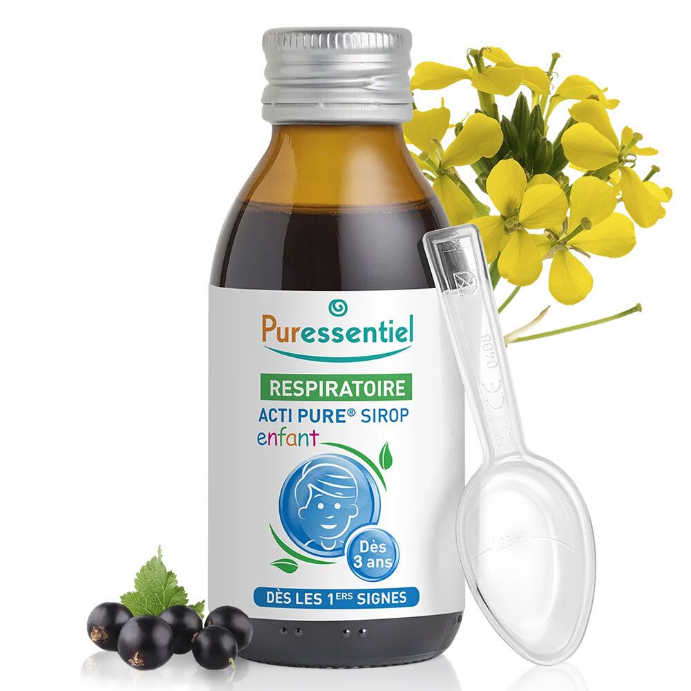 Braune Flüssigkeit in einer Flasche, Löffel und gelbe Blüten. Aufschrift: Puresentiel Respiratoire Acti Pure Sirup enfant. Ab 3 Jahren.