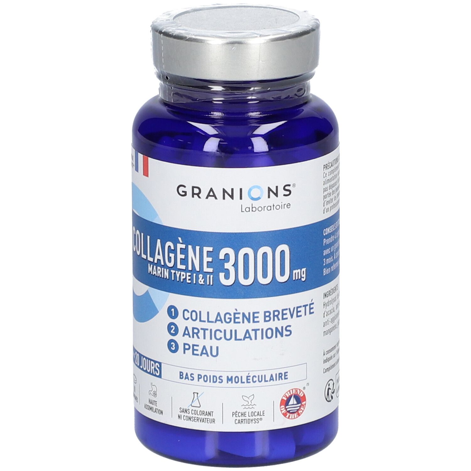 Flacon bleu de GRANIONS Collagène Marin 3000 mg. Type I & II. Contient 1. Collagène, 2. Articulations, 3. Peau. Bas poids moléculaire.