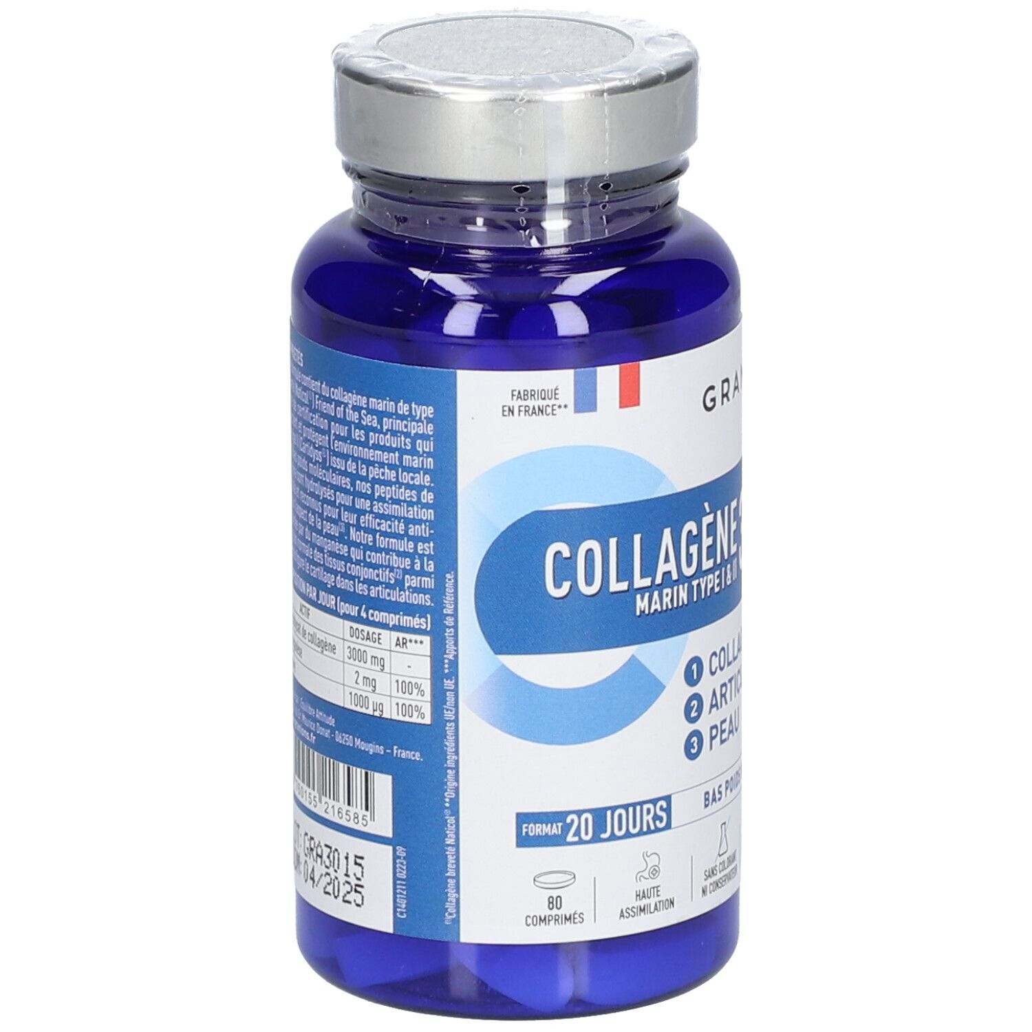 Flacon bleu de Collagène Marin Type I & II. 20 jours. 60 comprimés. Fabriqué en France. Détails sur l'étiquette.