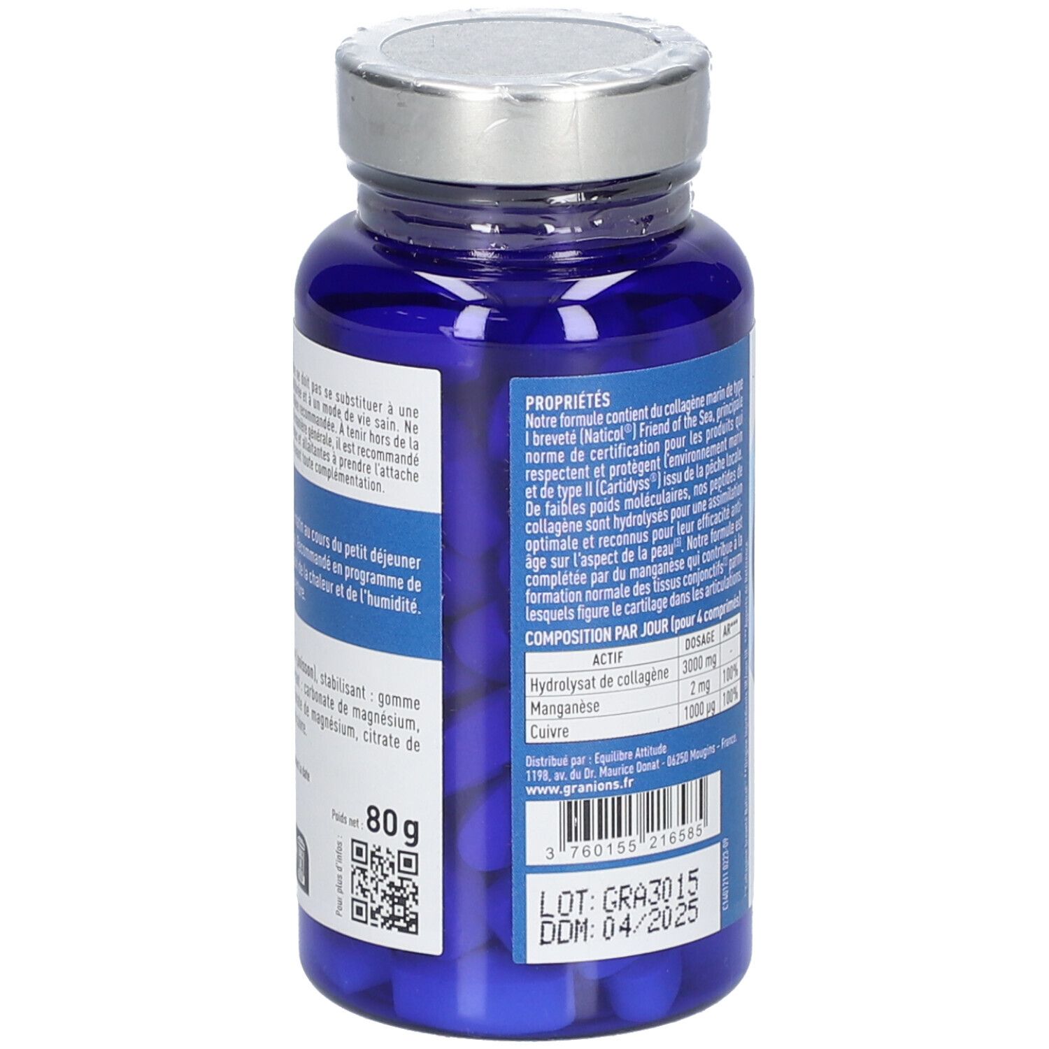 Dos du flacon bleu. Inscriptions: GRANIONS. Ingrédients, dosage, poids 80g. Code QR et numéro de lot.
