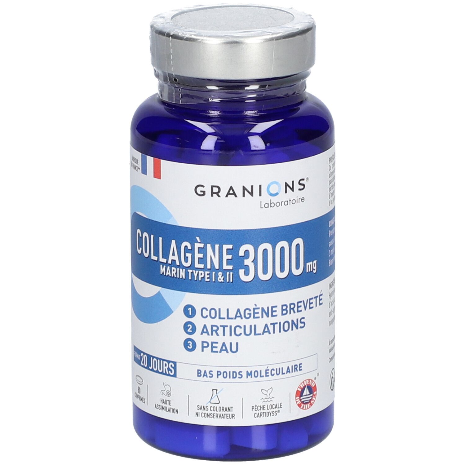 Flacon bleu de GRANIONS Collagène Marin 3000 mg. Type I & II. Contient 1. Collagène, 2. Articulations, 3. Peau. 