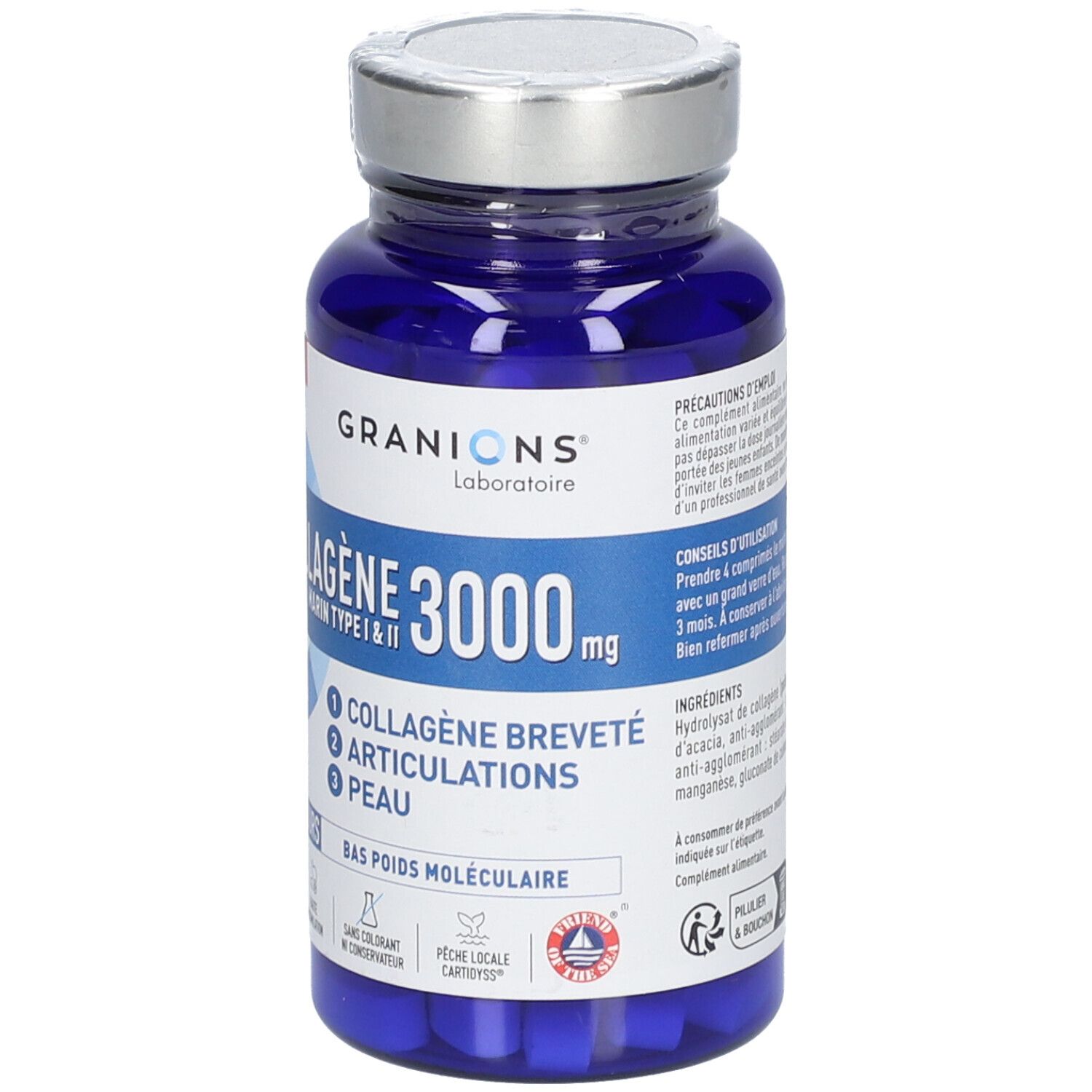 Flacon bleu de GRANIONS Collagène Marin 3000 mg. Type I & II. Contient 1. Collagène, 2. Articulations, 3. Peau. Conseils.