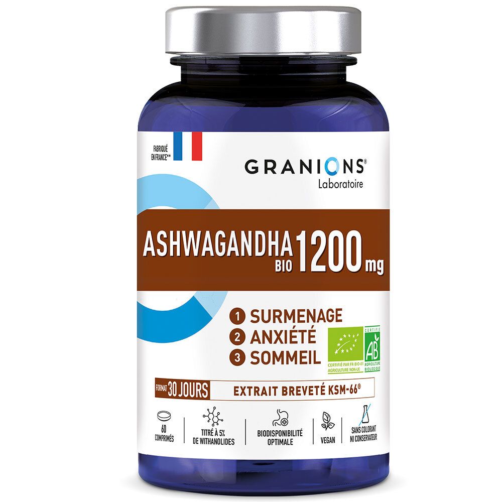 Flacon bleu Ashwagandha 1200 mg. Inscription: Surmenage, Anxiété, Sommeil. Certification bio.