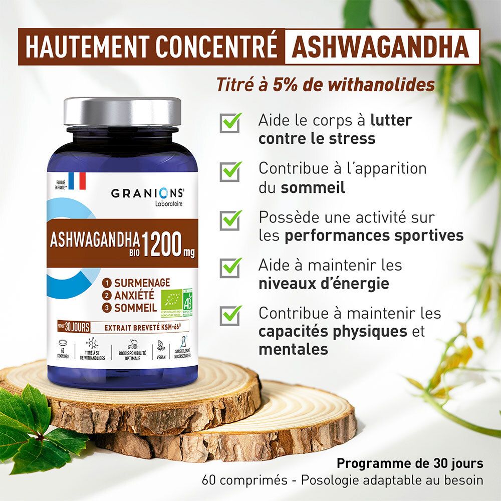 Flacon Ashwagandha sur bois. Texte: Aide contre le stress, sommeil, énergie, capacités physiques et mentales.