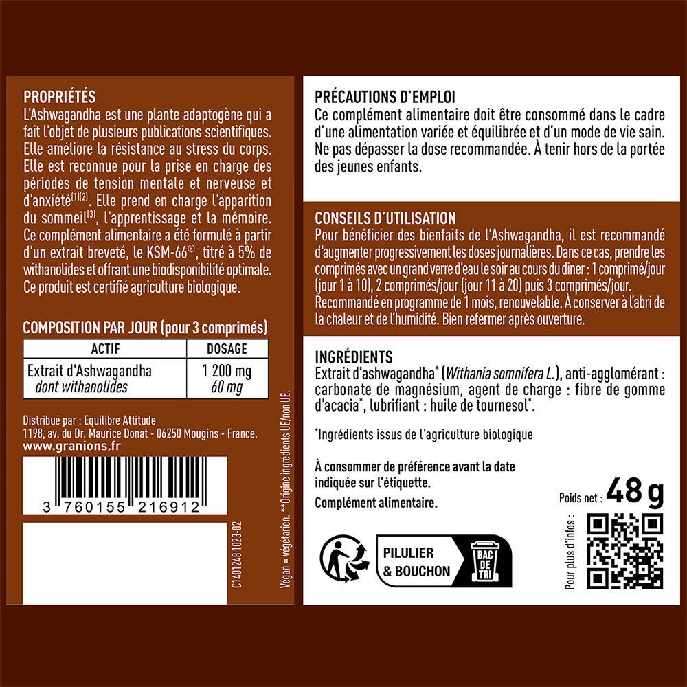 Dos du flacon Ashwagandha. Texte: Propriétés, dosage, ingrédients, 48g, vegan.