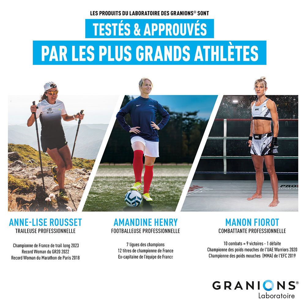 Athlètes avec produits Granions. Anne-Lise Rousset, Amandine Henry, Manon Fiorot.