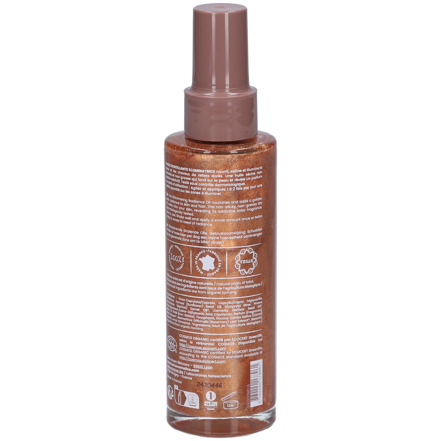 Braune Sprühflasche mit goldfarbenem Schimmer. Rückseite mit Text, Logos und Zertifizierungen.