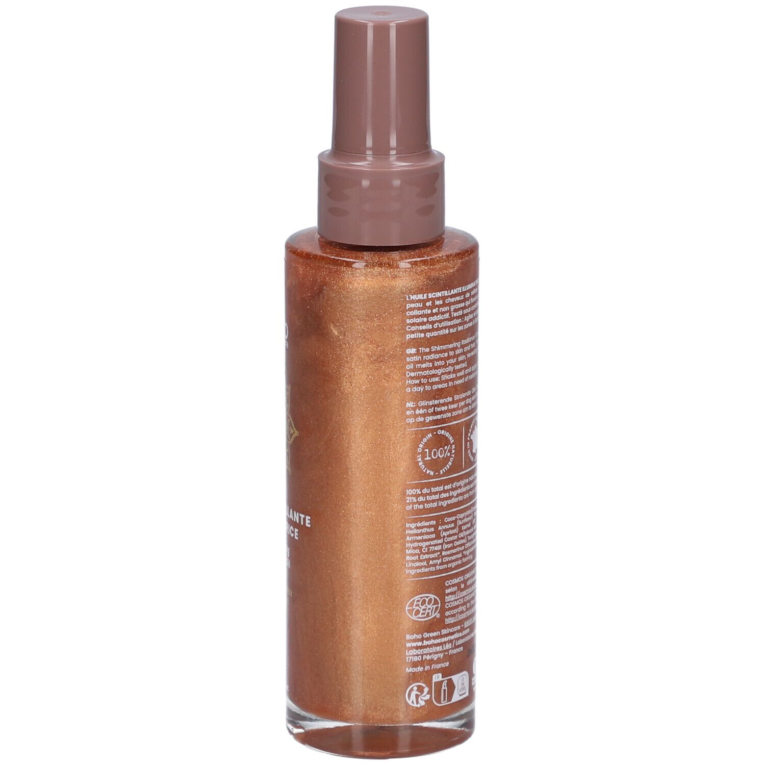 Braune Sprühflasche mit goldfarbenem Schimmer. Rückseite mit Text, Logos und Zertifizierungen.