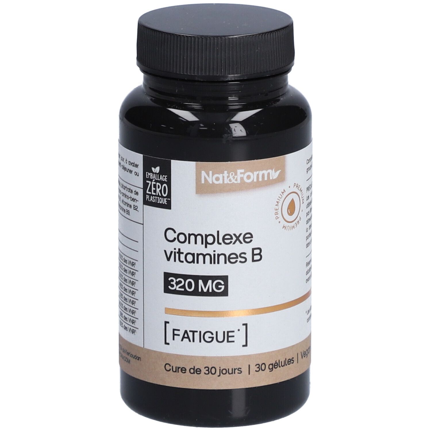 Braune Flasche mit schwarzem Deckel. Aufschrift: Complexe vitamines B, 320 MG, [FATIGUE].