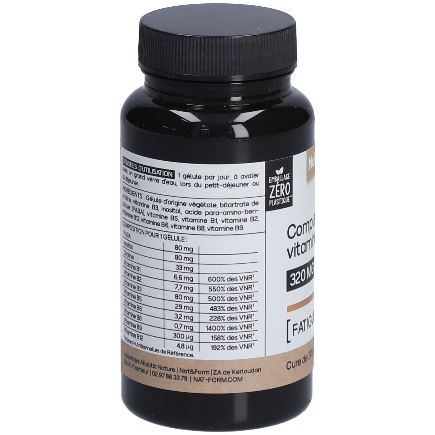 Braune Flasche mit schwarzem Deckel. Rückseite mit Inhaltsangaben und Nährwerttabelle.