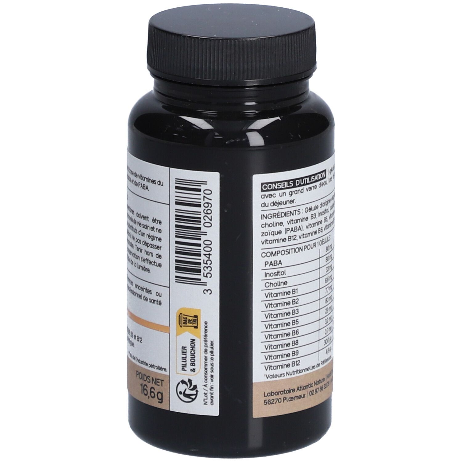 Braune Flasche mit schwarzem Deckel. Rückseite mit Inhaltsangaben und Barcode.